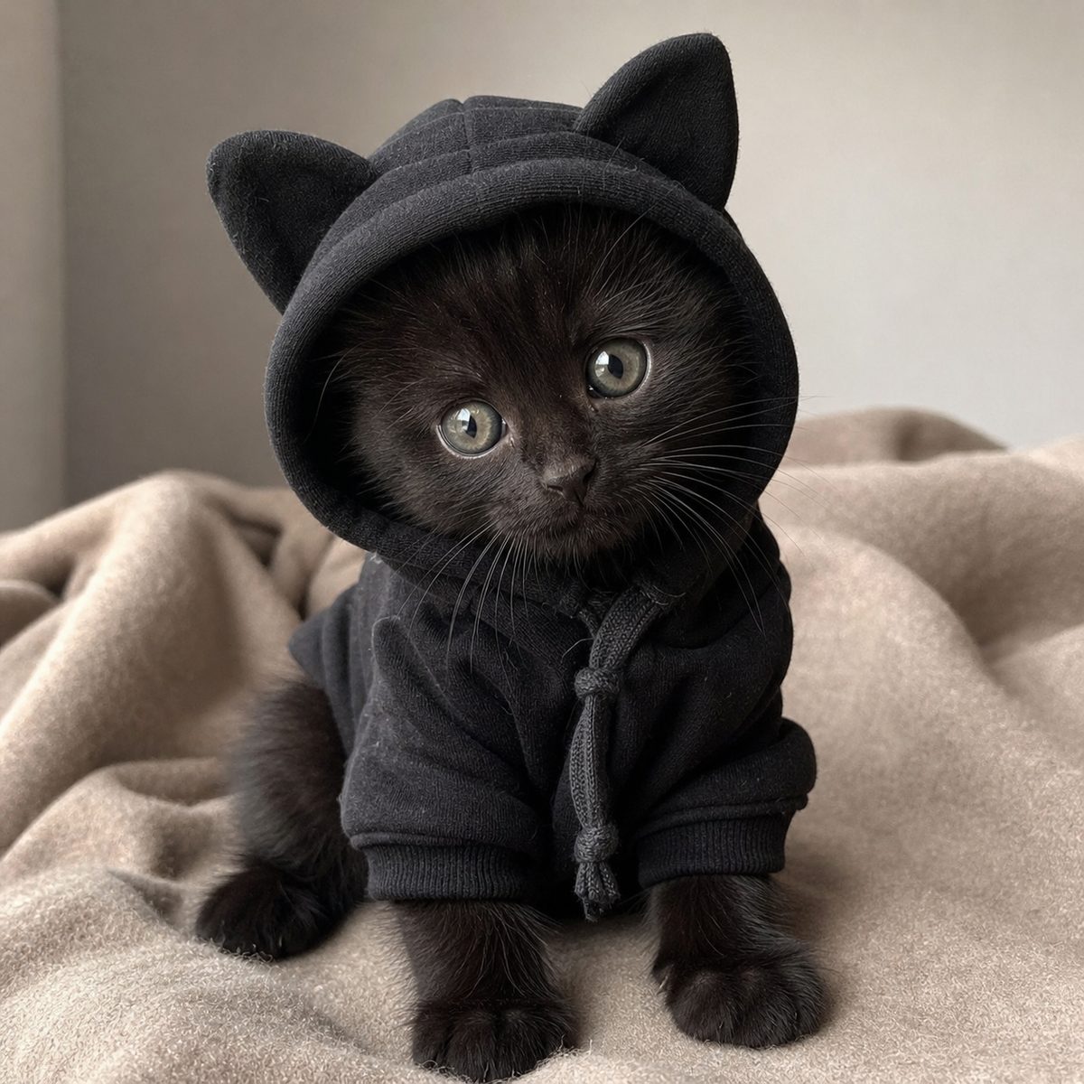 猫耳パーカー姿の黒猫の子猫