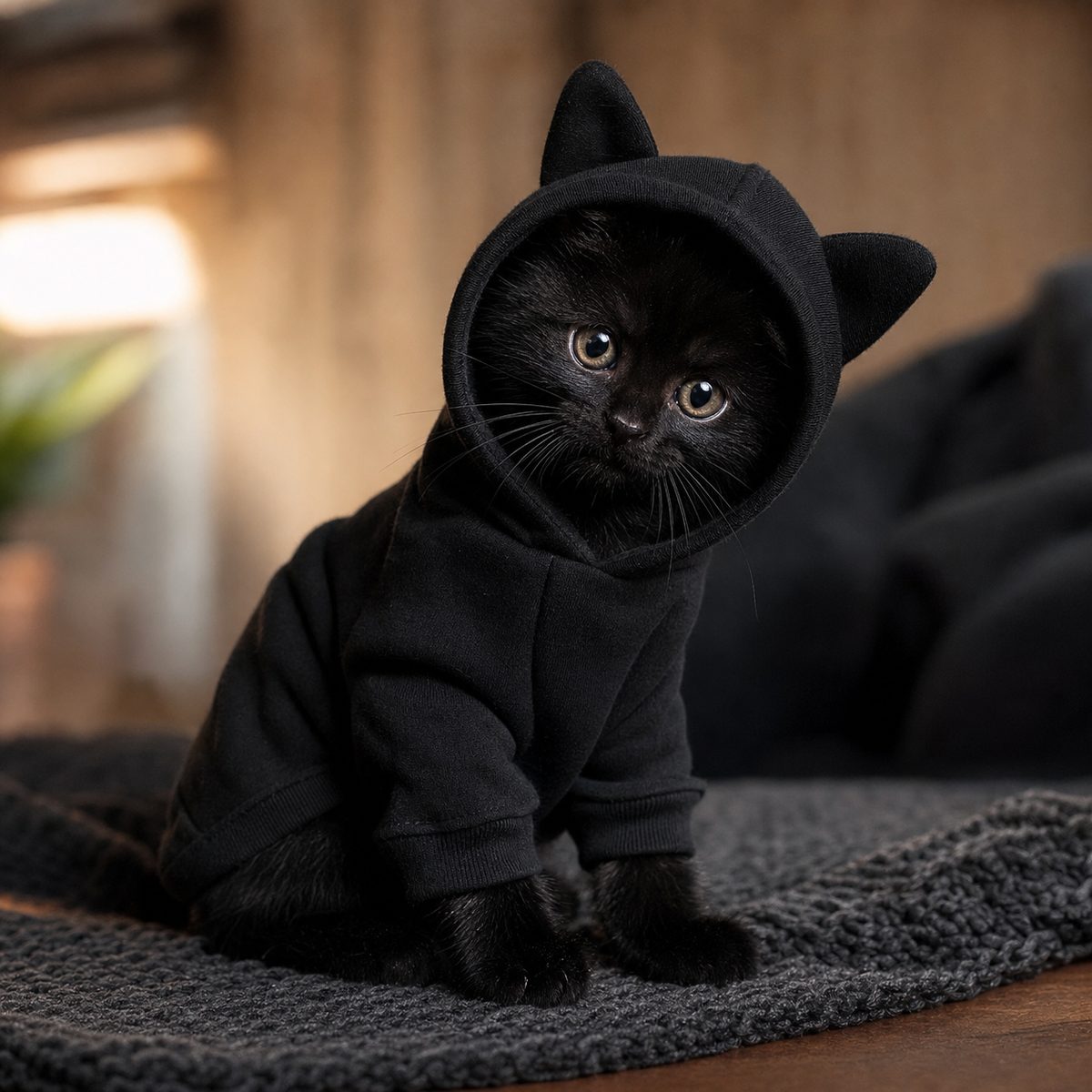 猫耳パーカーを着た黒猫の子猫
