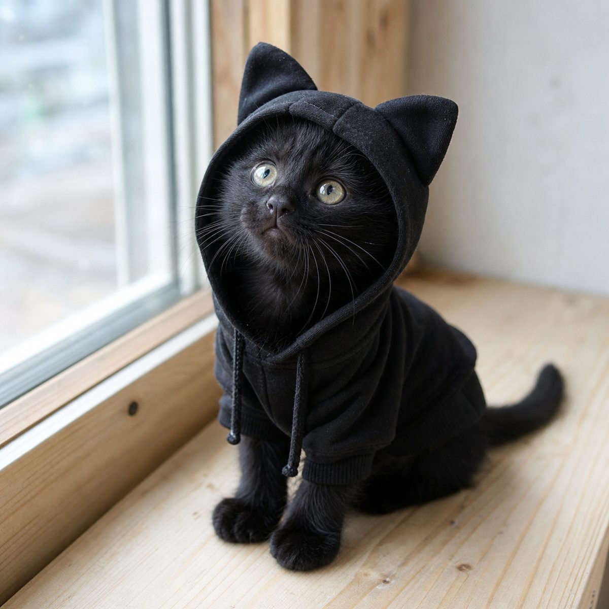 窓辺で見上げる黒猫の子猫